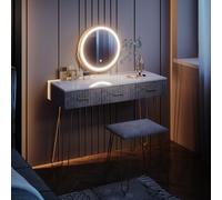 Vicco Coiffeuse Layla, Gris, 100cm avec éclairage LED et Tabouret, avec éclairage LED et Banquette rembourrée