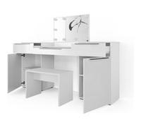 Vicco coiffeuse Lilli, Blanc Haute brillance, 190 cm avec éclairage LED et banc