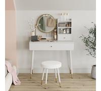 Vicco Coiffeuse Mirela, Blanc 90 cm | ✓ Miroir LED · ✓ Tabouret · 2 Tiroirs · Sur pied · Étagère latérale