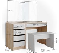 Vicco coiffeuse Sherry, 120 cm avec banc, Blanc/Sonoma