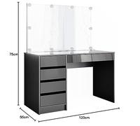 Vicco Coiffeuse Sherry, Anthracite 120 cm | ✓ Miroir avec guirlande LED · 5 tiroirs · Sur pied · Aspect sans poignées · Plateau spacieux