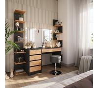 Coiffeuse Sherry 120x145cm avec miroir guirlande LED et tabouret Anthracite/Chêne doré Vicco 52029