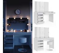 Vicco Coiffeuse Sherry, Blanc 120 cm | ✓ Miroir avec guirlande LED · ✓ Tabouret · 5 tiroirs · Sur pied · Aspect sans poignées