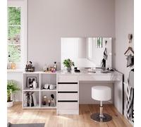 Coiffeuse Sherry, 120cm 4 pièces, avec étagère sur pied, miroir, tabouret, LED, Blanc, Vicco 41628
