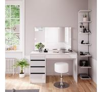 Coiffeuse Sherry, 4 pièces, avec étagère de rangement, miroir, tabouret, LED, Blanc, Vicco 41627