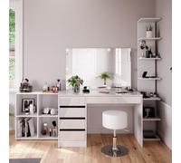 Vicco Coiffeuse Sherry, Blanc, 5 pièces, avec étagère de Rangement, étagère sur Pied, Miroir, Tabouret, LED