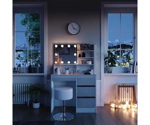 Vicco Coiffeuse Sherry, Blanc 90 cm | ✓ Étagère avec miroir et guirlande LED · 4 tiroirs · Sur pied · Aspect sans poignées · Forme compacte