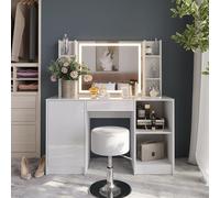 Vicco Coiffeuse Sherry, Blanc/Blanc Brillant, 128.2cm avec Miroir LED et Tabouret