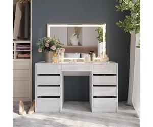 Vicco Coiffeuse Sherry, Blanc/Blanc Brillant, 128.2cm avec Miroir LED, pour Une Utilisation comme Coiffeuse avec éclairage LED intégré