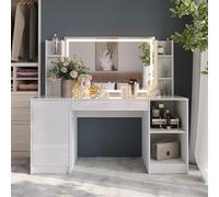 Vicco Coiffeuse Sherry, Blanc/Blanc Haute Brillance 158.2 cm | ✓ Miroir LED · 1 Tiroir · Sur pied · Armoire latérale · Compartiments de rangement ouverts