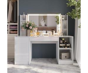 Vicco Coiffeuse Sherry, Blanc/Blanc Haute Brillance 158.2 cm | ✓ Miroir LED · 1 Tiroir · Sur pied · Armoire latérale · Compartiments de rangement ouverts