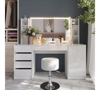 Vicco Coiffeuse Sherry, Blanc/Blanc Haute Brillance 158.2 cm | ✓ Miroir LED · ✓ Tabouret · 5 tiroirs · Sur pied · Façades sans poignées