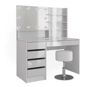 Vicco Coiffeuse Sherry, Blanc Haute Brillance, 120 cm avec éclairage LED, Tabouret et étagère Miroir