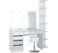 Vicco Coiffeuse Sherry, Blanc Haute Brillance/Blanc, 4 pièces, avec étagère de Rangement, Miroir, Tabouret, LED