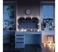 Vicco Coiffeuse Sherry, Blanc/Or 120 cm | ✓ Miroir avec guirlande LED · 5 tiroirs · Sur pied · Aspect sans poignées · Plateau spacieux