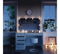 Vicco Coiffeuse Sherry, Blanc/Or 120 cm | ✓ Miroir avec guirlande LED · ✓ Tabouret · 5 tiroirs · Sur pied · Aspect sans poignées