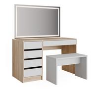 Vicco coiffeuse Sherry, Blanc/Sonoma, 120 cm avec miroir LED et tabouret