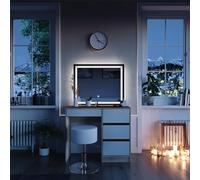 Vicco Coiffeuse Sherry, Sonoma 90 cm | ✓ Miroir LED · ✓ Tabouret · 4 tiroirs · Sur pied · Aspect sans poignées