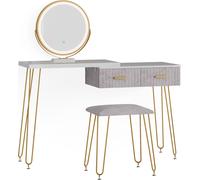 Vicco coiffeuse Zoey, 120 cm avec éclairage LED et tabouret, Blanc/Gris