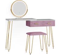 Vicco Coiffeuse Zoey, Blanc/Rose, 120 cm avec éclairage LED et Tabouret