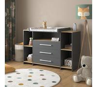 Vicco Commode à Langer Oskar, Anthracite/chêne doré, 143.2x93cm avec 3 tiroirs, Convient comme Table à Langer avec Espace de Rangement Extensible