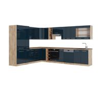 Vicco Cuisine d'angle Fame-Line Bleu foncé Brillant/Chêne doré 347x257 cm