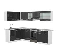 Vicco Cuisine d'angle Rick, Anthracite Brillant/Blanc, 270x60cm, PT Marbre, avec modules combinables et Pieds réglables en Hauteur