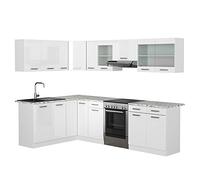 Vicco Cuisine d'angle Rick, Blanc Brillant/Blanc, 270x60cm, PT Marbre, avec modules combinables et Pieds réglables en Hauteur