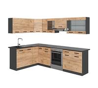 Vicco Cuisine d'angle Rick, Chêne doré/Anthracite, 270x60cm, PT À Motifs Noirs, avec modules combinables et Pieds réglables en Hauteur