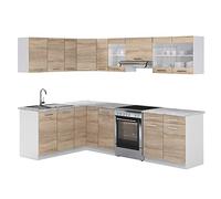 Vicco Cuisine d'angle Rick, Sonoma/Blanc, 270x60cm, PT Marbre, avec modules combinables et Pieds réglables en Hauteur