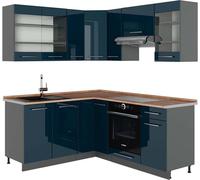 Vicco cuisine en angle Fame-Line, 160 x 190 cm , PT Chêne, Bleu foncé brillant/Anthracite