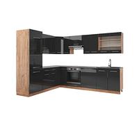 Vicco Cuisine en Angle Fame-Line, Anthracite Brillant/Chêne doré, 287x46cm sans PT, pour Une Extension personnalisée avec des modules compatibles