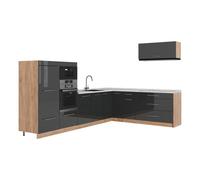 Vicco Cuisine en Angle Fame-Line Anthracite Brillant/Chêne doré 327x227 cm