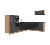 Vicco Cuisine en Angle Fame-Line Anthracite Brillant/Chêne doré 327x227 cm