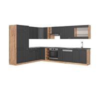 Vicco Cuisine en Angle Fame-Line Anthracite Campagne/Chêne doré 347x257 cm | 16 Modules · Pieds réglables en hauteur · Sans plan de travail · Façades en MDF · Softclose · Poignées en métal