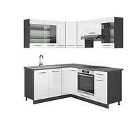 Vicco Cuisine en Angle Fame-Line, Blanc Brillant/Anthracite, 190x46cm sans PT, adapté à Une Extension individuelle avec des modules supplémentaires