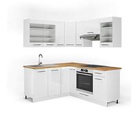 Vicco Cuisine en Angle Fame-Line, Blanc Brillant/Blanc, 190 x 160 cm | 10 Modules · Pieds réglables en hauteur · Sans plan de travail · Façades en MDF · Softclose · Poignées en métal