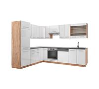 Cuisine en angle Fame-Line, 287 x 227 cm sans PT, Blanc Haute brillance/Chêne de force doré, Vicco 38643