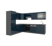 Vicco Cuisine en Angle Fame-Line Bleu foncé Brillant/Anthracite 287x227 cm | 14 Modules · Pieds réglables en hauteur · Plan de travail in açades en MDF · Softclose · Poignées en métal
