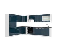 Vicco Cuisine en Angle Fame-Line, Bleu foncé Brillant/Blanc, 347 x 257 cm | 16 Modules · Pieds réglables en hauteur · Plan de travail in açades en MDF · Softclose · Poignées en métal
