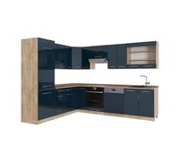Vicco Cuisine en Angle Fame-Line Bleu foncé Brillant/Chêne doré 287x227 cm | 14 Modules · Pieds réglables en hauteur · Plan de travail in açades en MDF · Softclose · Poignées en métal