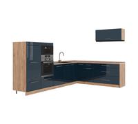 Vicco Cuisine en Angle Fame-Line Bleu foncé Brillant/Chêne doré 327xcm