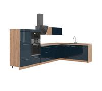 Vicco Cuisine en Angle Fame-Line Bleu foncé Brillant/Chêne doré 347xcm