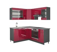 Vicco Cuisine en Angle Fame-Line, Bordeaux Haute Brillance/Anthracite, 160 x 190 cm sans Plan de Travail