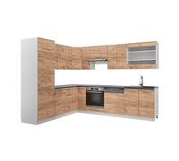 Vicco Cuisine en Angle Fame-Line, Chêne doré/Blanc, 287 x 227 cm | 14 Modules · Pieds réglables en hauteur · Sans plan de travail · Façades robustes · Softclose · Poignées en métal