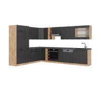 Vicco Cuisine en Angle Fame-Line, Gris foncé/Chêne doré, 347 x 257 cm | 16 Modules · Pieds réglables en hauteur · Sans plan de travail · Façades en MDF · Softclose · Poignées en métal
