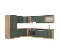 Vicco Cuisine en Angle Fame-Line, Vert Or Campagne/Chêne de Force doré, 347 x 257 cm sans PT, pour Une Extension personnalisée avec des modules complémentaires adaptés