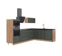 Vicco Cuisine en Angle Fame-Line Vert Or Campagne/Chêne doré 287x207 cm | 7 Modules · Pieds réglables en hauteur · Sans plan de travail · Façades en MDF · Softclose · Poignées en métal