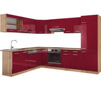 Vicco cuisine en angle R-Line, 227 x 287 cm sans plan de travail, Bordeaux brillant/chêne doré