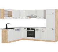 Vicco Cuisine en angle R-Line, 227x287cm , PT Marbre, Blanc campagnard/Chêne doré